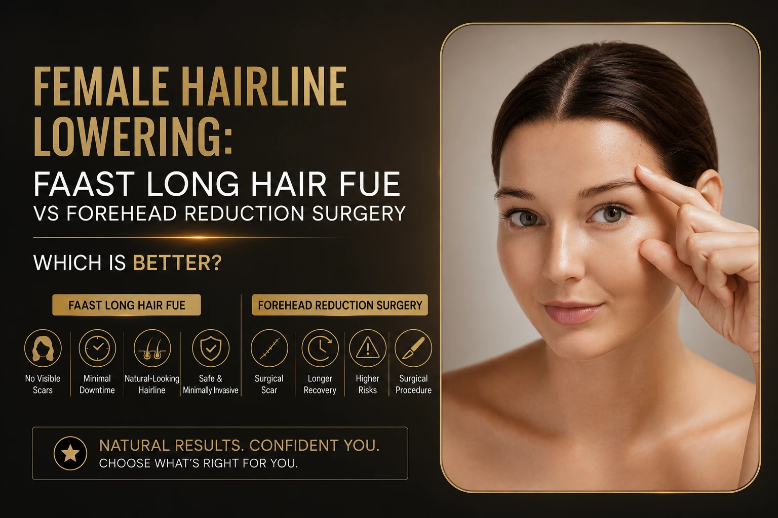 Female Hairline Lowering: FAAST Long Hair FUE vs Forehead Reduction Surgery – Which Is Better?