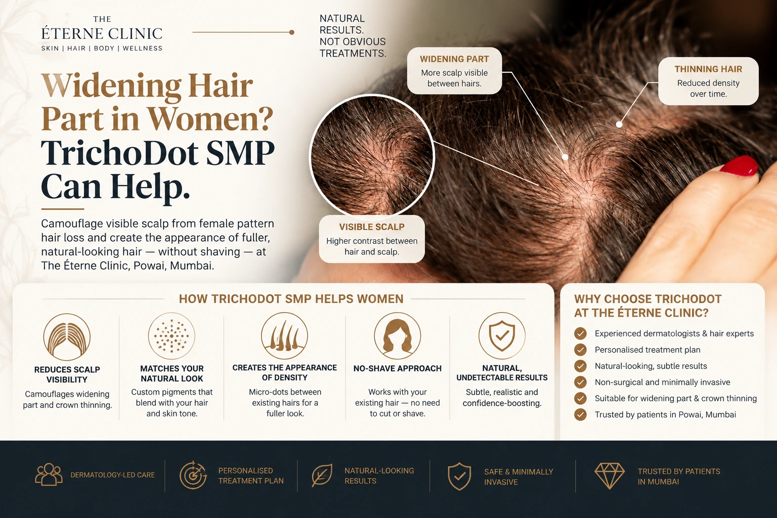 TrichoDot SMP for Female Pattern Hair Loss in Mumbai: Widening Part & Crown Camouflage